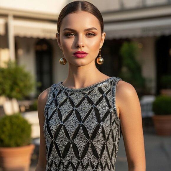 VINTAGE 80's GLAM COTE D'AZUR Peplum Beaded Silk Top S Embroidered Sequins Black - Picture 15 of 15